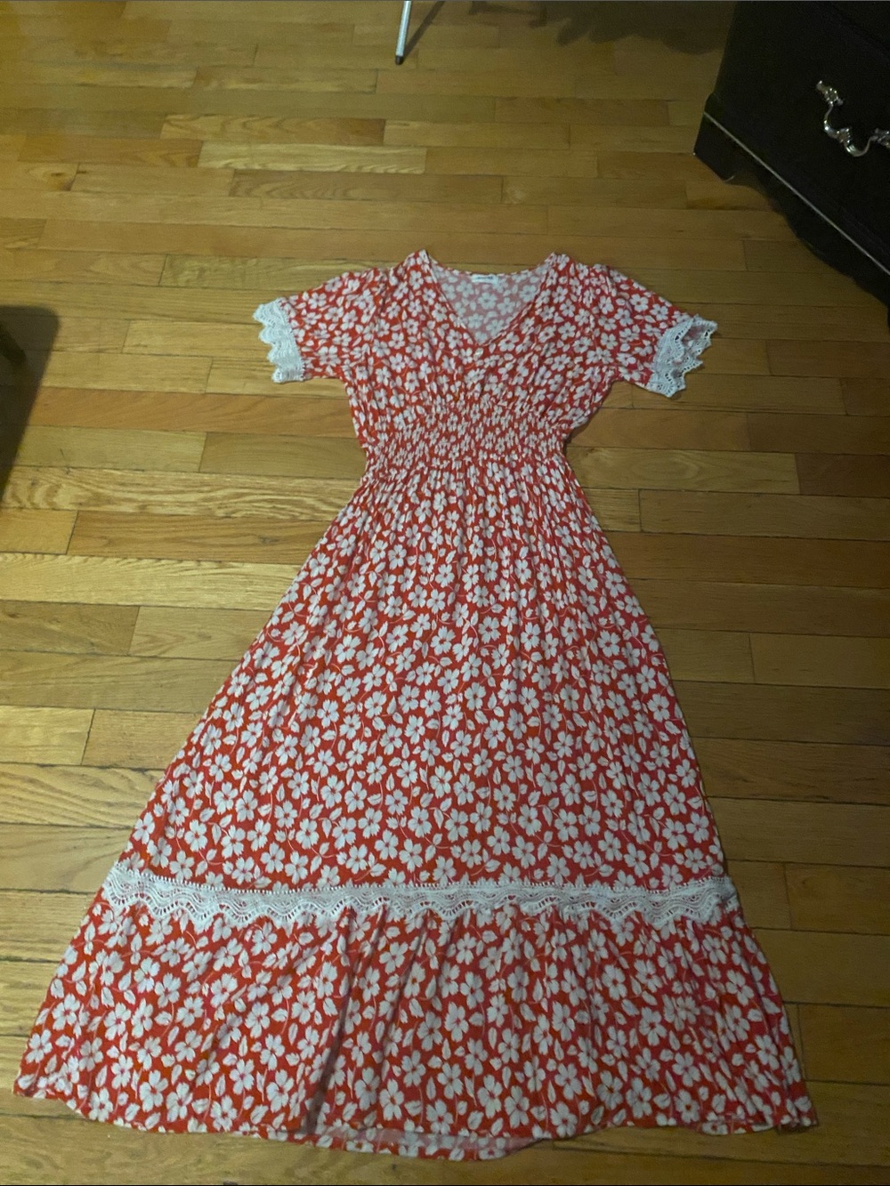 Girls' Red Floral Maxi Dress with Lace Trim